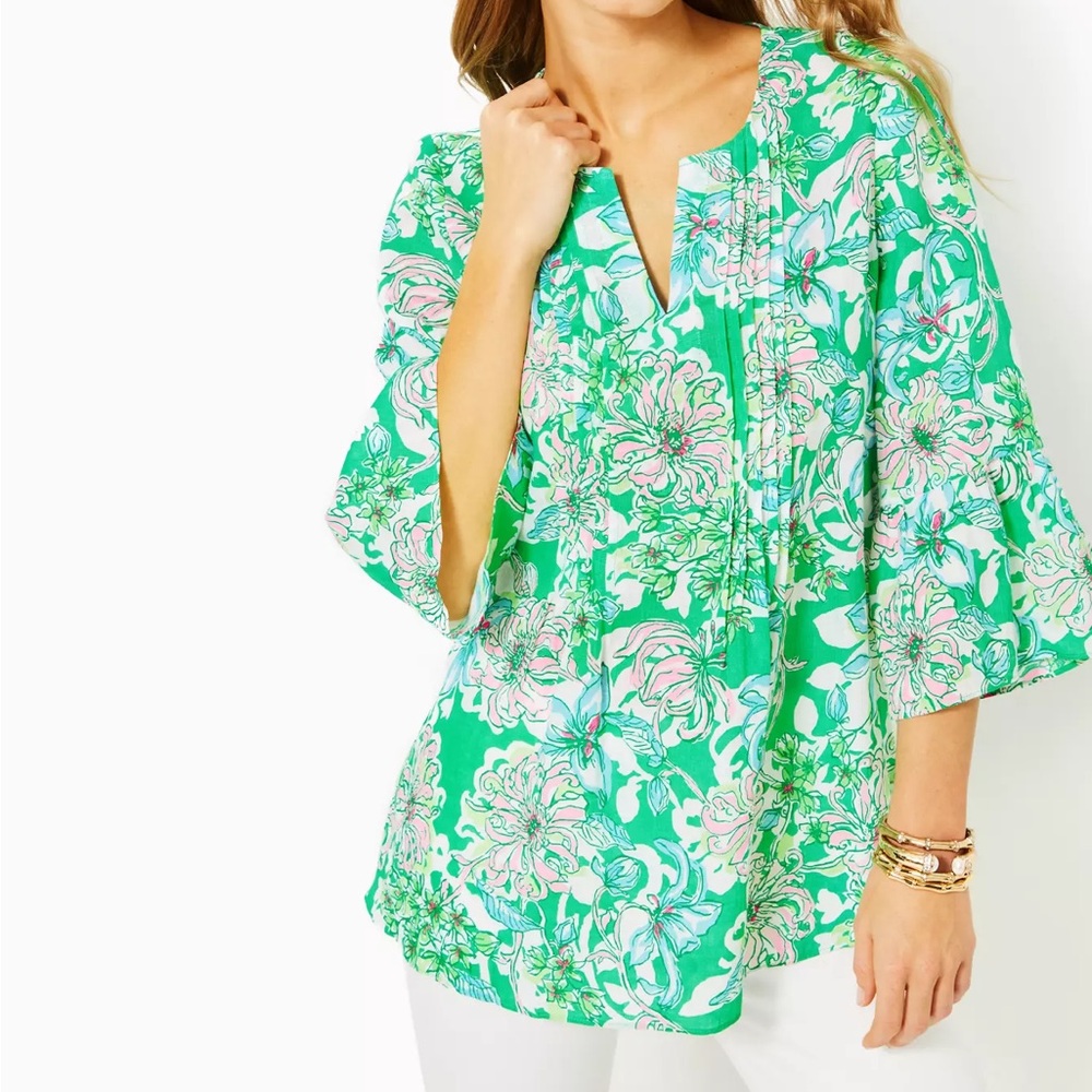 NWT Lilly Pulitzer Hollie Linen Tunic Spearmint Blossom Views S